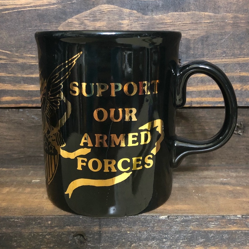 Vintage “Support Our Armed Forces” Black &Gold Mug